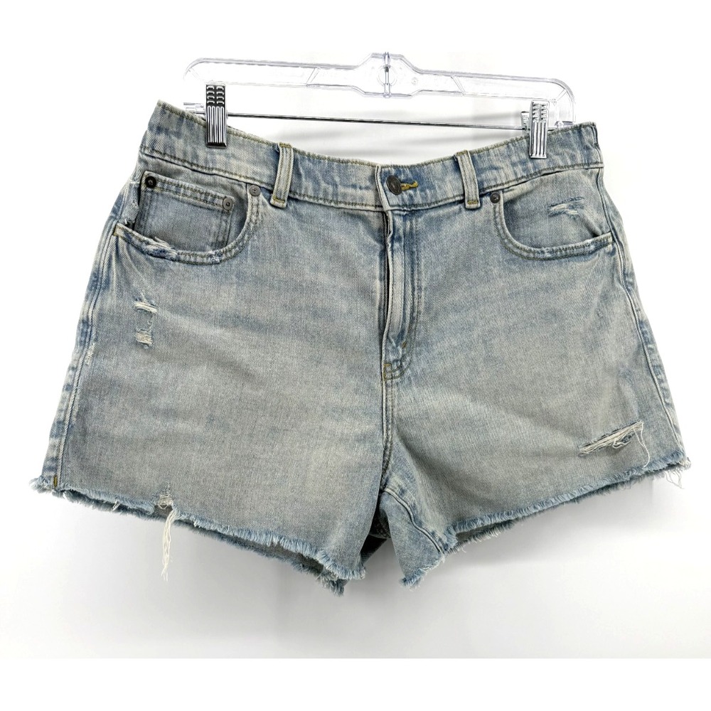 NEW Aerie Distressed Denim Shorts Women L Light Wash Raw Hem Elastic Hem Stretch